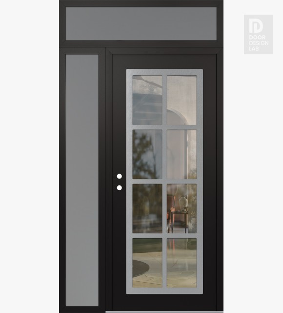 Modern Steel Front Door Diamond C16 50" x 96" black/black clear Glass Panel stainless steel RHI with Sidelite and Transom frosted Glass