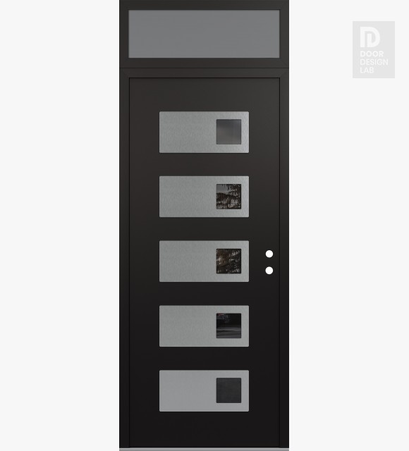 Modern Steel Front Door Diamond D2 36" x 96" black/black mirrored Glass Panel stainless steel LHI with Transom frosted Glass