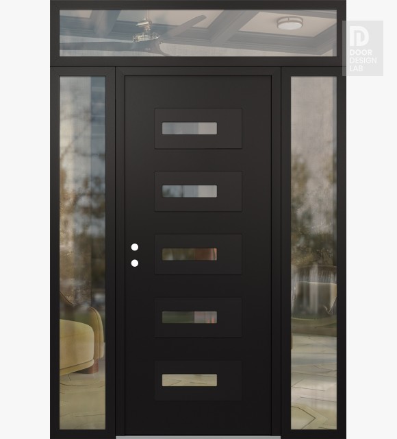Modern Steel Front Door Diamond D6 64" x 96" black/black clear Glass Panel black RHI with 2 Sidelites and Transom clear Glass