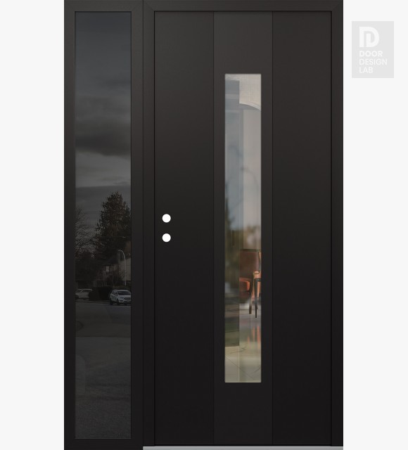 Modern Steel Front Door DIAMOND A1 48" X 80" BLACK/BLACK CLEAR GLASS PANEL BLACK RHI WITH SIDELITE MIRRORED GLASS