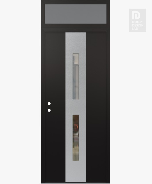 Modern Steel Front Door DIAMOND A6 36" X 96" BLACK/BLACK CLEAR GLASS PANEL STAINLESS STEEL RHI WITH TRANSOM FROSTED GLASS