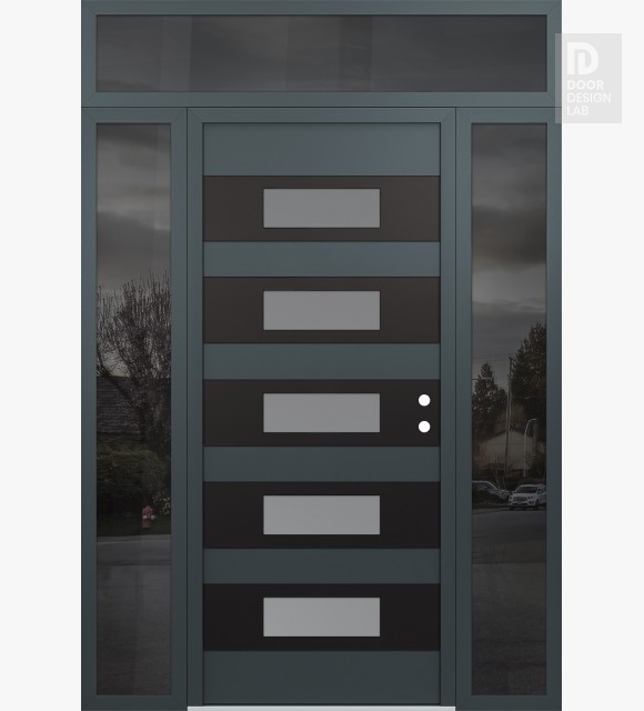 Modern Steel Front Door Diamond D5 60" x 96" anthracite/anthracite frosted Glass Panel black LHI with 2 Sidelites and Transom mirrored Glass