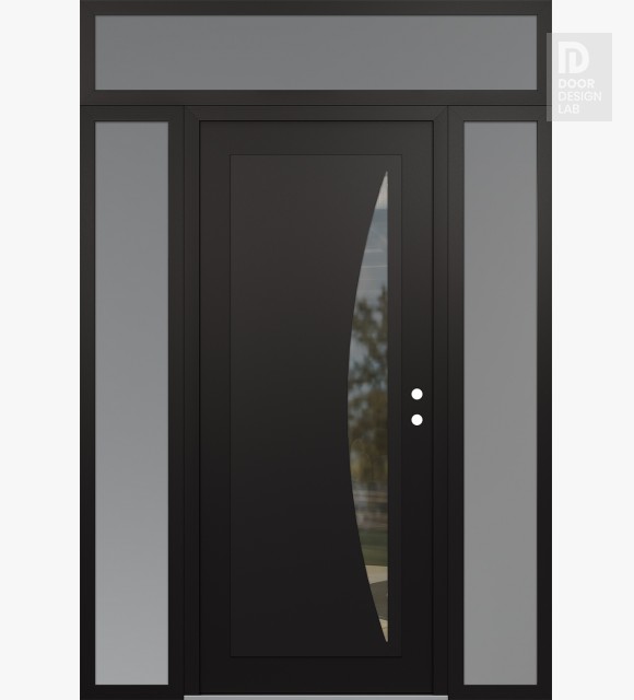 Modern Steel Front Door Diamond C13 68" x 96" black/black clear Glass Panel black LHI with 2 Sidelites and Transom frosted Glass