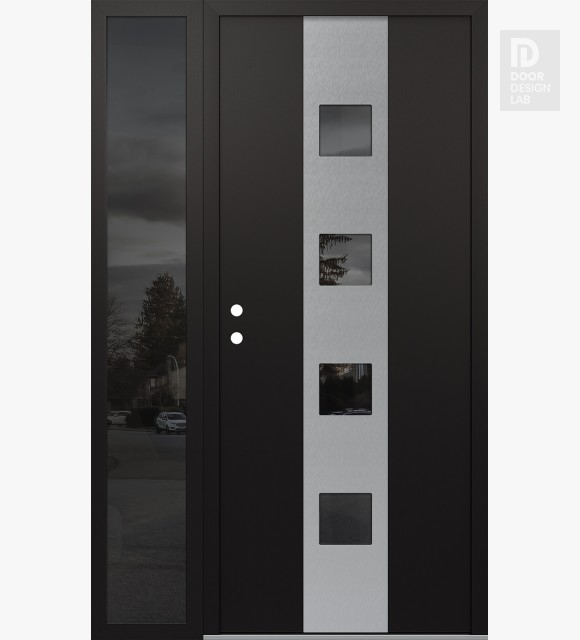 Modern Steel Front Door DIAMOND A12 50" X 80" BLACK/BLACK MIRRORED GLASS PANEL STAINLESS STEEL RHI WITH SIDELITE MIRRORED GLASS