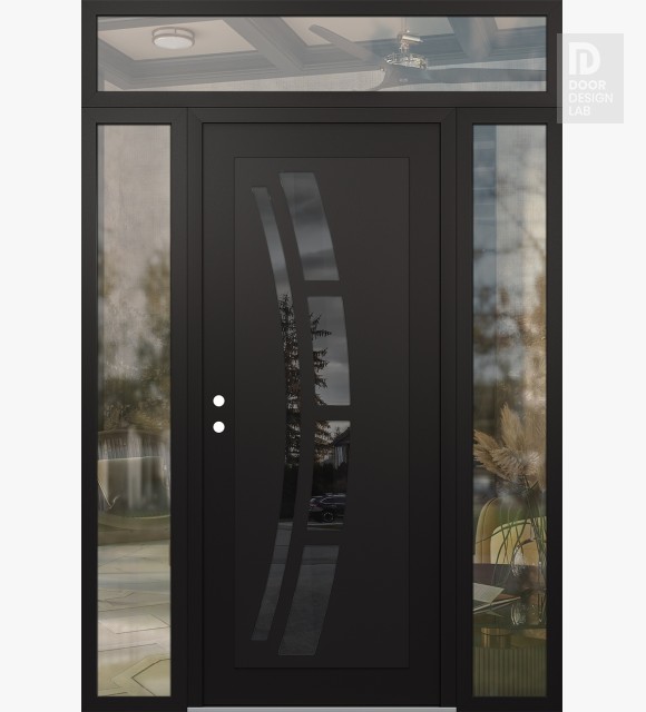 Modern Steel Front Door Diamond C12 64" x 96" black/black mirrored Glass Panel black RHI with 2 Sidelites and Transom clear Glass