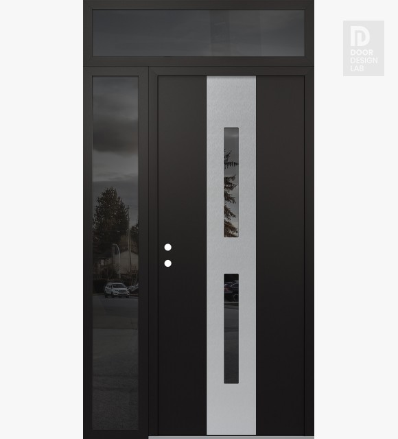 Modern Steel Front Door DIAMOND A6 48" X 96" BLACK/BLACK MIRRORED GLASS PANEL STAINLESS STEEL RHI WITH SIDELITE AND TRANSOM MIRRORED GLASS