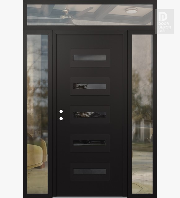 Modern Steel Front Door Diamond D4 68" x 96" black/black mirrored Glass Panel black RHI with 2 Sidelites and Transom clear Glass