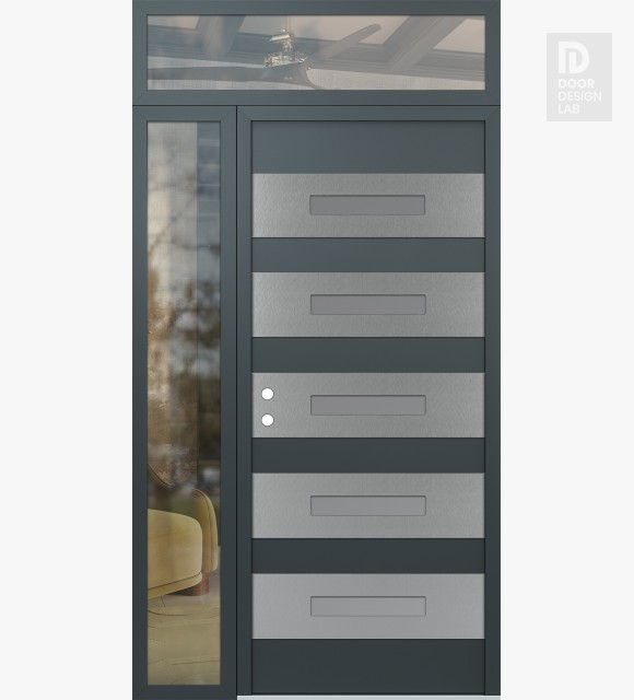 Modern Steel Front Door Diamond D9 48" x 96" anthracite/anthracite frosted Glass Panel stainless steel RHI with Sidelite and Transom clear Glass