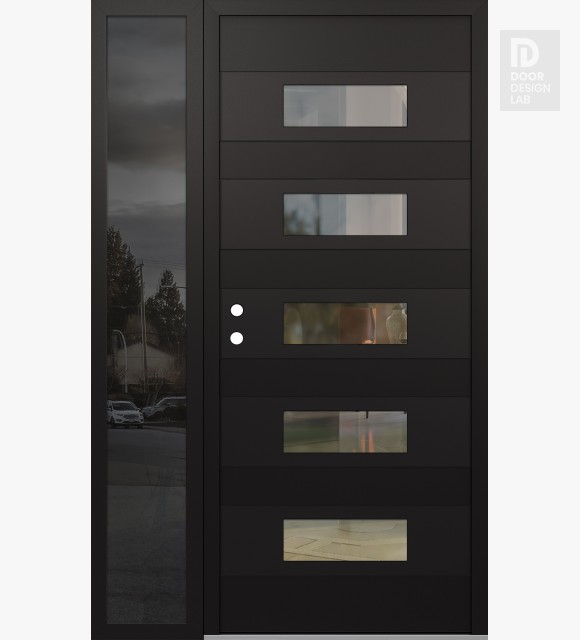 Modern Steel Front Door Diamond D5 48" x 80" black/black clear Glass Panel black RHI with Sidelite mirrored Glass