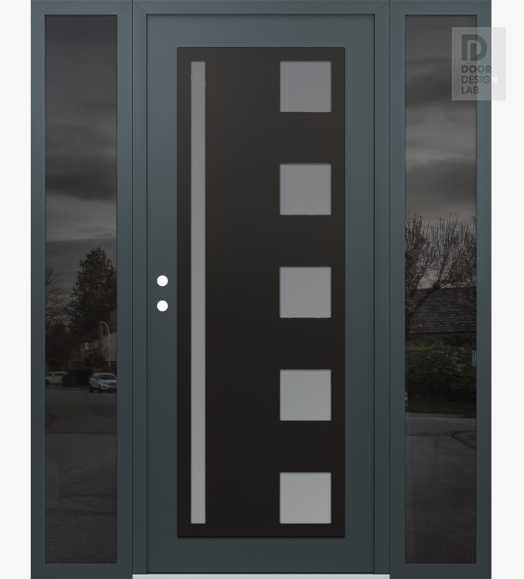 Modern Steel Front Door Diamond C3 68" x 80" anthracite/anthracite frosted Glass Panel black RHI with 2 Sidelites mirrored Glass