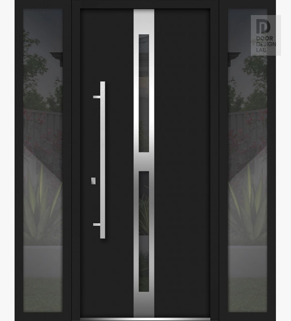 Front Exterior Prehung Steel Door / Deux 1755 Black Enamel / 2 Side Exterior Windows / Stainless Inserts Single Modern Painted-W16+36+16" x H80"-Right-hand Inswing