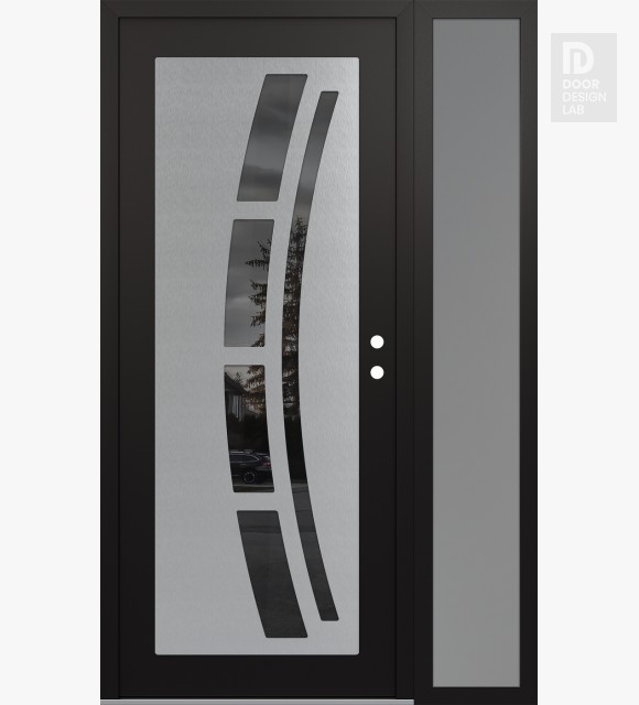 Modern Steel Front Door Diamond C12 52" x 80" black/black mirrored Glass Panel stainless steel LHI with Sidelite frosted Glass