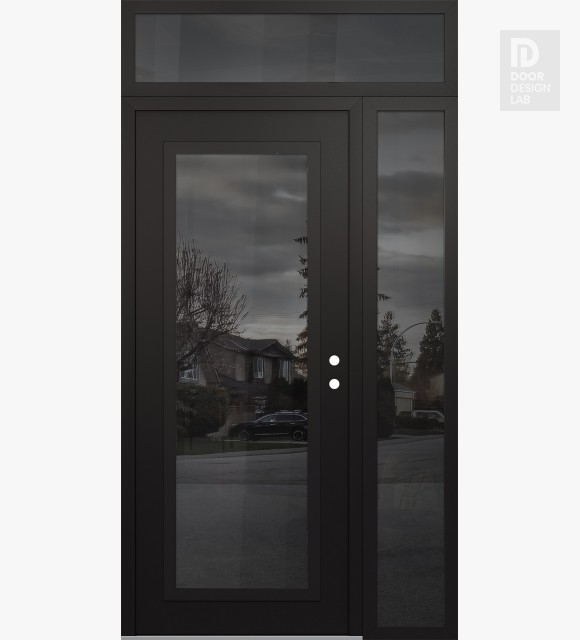Modern Steel Front Door Diamond C1 50" x 96" black/black mirrored Glass Panel black LHI with Sidelite and Transom mirrored Glass