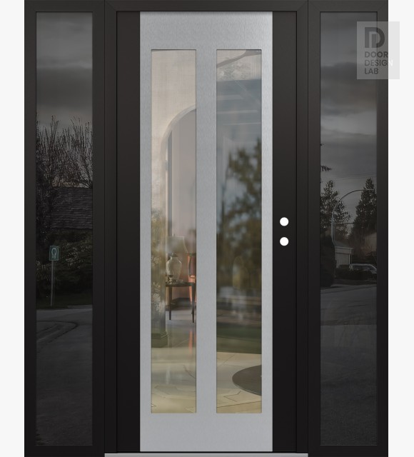 Modern Steel Front Door Diamond C14 64" x 80" black/black clear Glass Panel stainless steel LHI with 2 Sidelites mirrored Glass