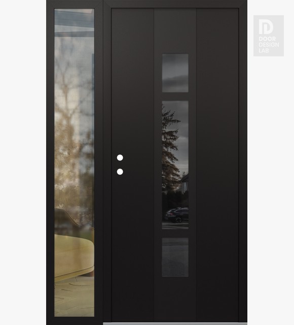 Modern Steel Front Door DIAMOND A9 50" X 80" BLACK/BLACK MIRRORED GLASS PANEL BLACK RHI WITH SIDELITE CLEAR GLASS