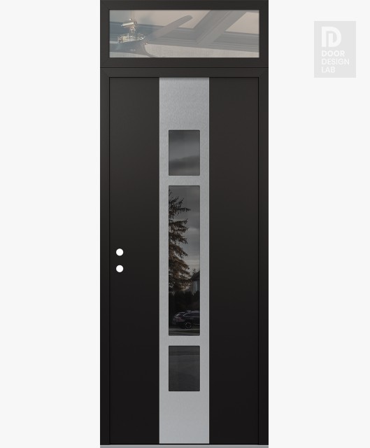 Modern Steel Front Door DIAMOND A9 36" X 96" BLACK/BLACK MIRRORED GLASS PANEL STAINLESS STEEL RHI WITH TRANSOM CLEAR GLASS