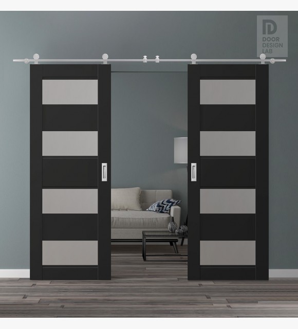 DOUBLE BARN DOOR AVON 07-08 VETRO BLACK MATTE 56" X 96" X 1 3/4" STAINLESS STEEL HARDWARE