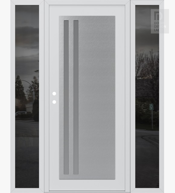 Modern Steel Front Door Diamond C6 68" x 80" white/white frosted Glass Panel stainless steel RHI with 2 Sidelites mirrored Glass