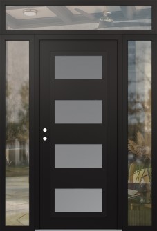 Diamond C2 60" x 96" black/white frosted Glass Panel black RHI with 2 Sidelites and Transom clear Glass