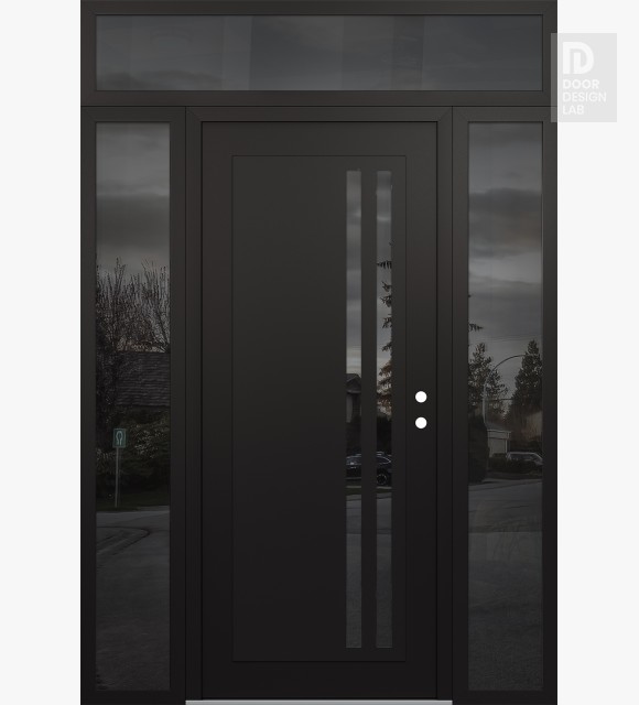 Modern Steel Front Door Diamond C6 60" x 96" black/black mirrored Glass Panel black LHI with 2 Sidelites and Transom mirrored Glass