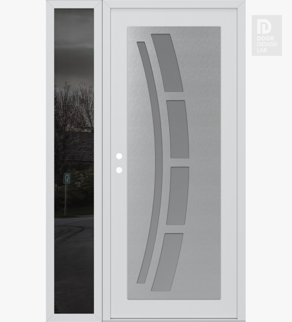 Modern Steel Front Door Diamond C12 52" x 80" white/white frosted Glass Panel stainless steel LHI with Sidelite mirrored Glass