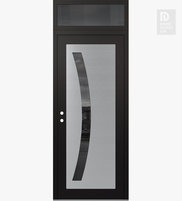 Modern Steel Front Door Diamond C4 36" x 96" black/black mirrored Glass Panel stainless steel RHI with Transom mirrored Glass