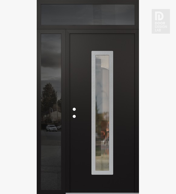 Modern Steel Front Door DIAMOND A11 48" X 96" BLACK/BLACK CLEAR GLASS PANEL STAINLESS STEEL RHI WITH SIDELITE AND TRANSOM MIRRORED GLASS