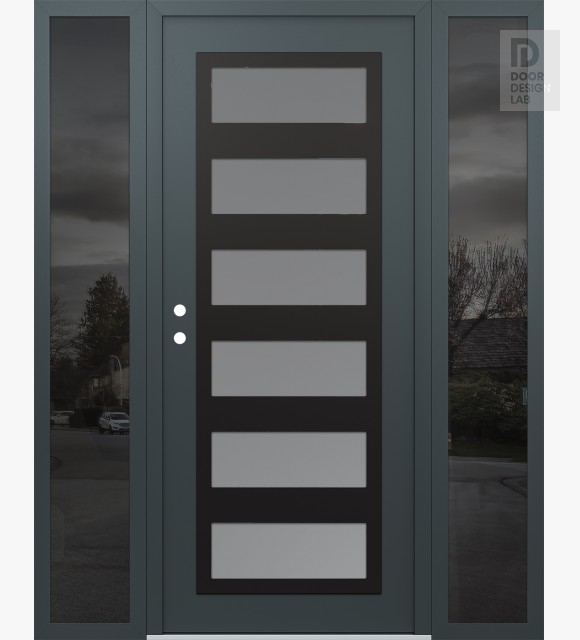 Modern Steel Front Door Diamond C9 60" x 80" anthracite/anthracite frosted Glass Panel black RHI with 2 Sidelites mirrored Glass