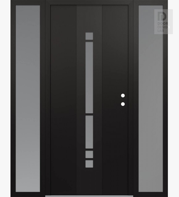 Modern Steel Front Door DIAMOND A3 64" X 80" BLACK/WHITE FROSTED GLASS PANEL BLACK LHI WITH 2 SIDELITES FROSTED GLASS