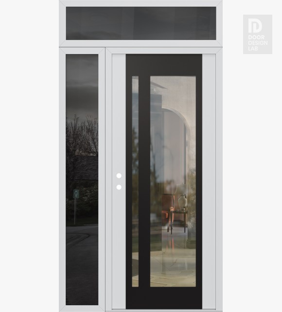 Modern Steel Front Door Diamond C15 50" x 96" white/white clear Glass Panel black RHI with Sidelite and Transom mirrored Glass
