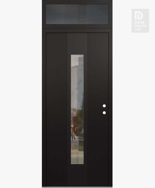 Modern Steel Front Door DIAMOND A1 36" X 96" BLACK/BLACK CLEAR GLASS PANEL BLACK LHI WITH TRANSOM MIRRORED GLASS