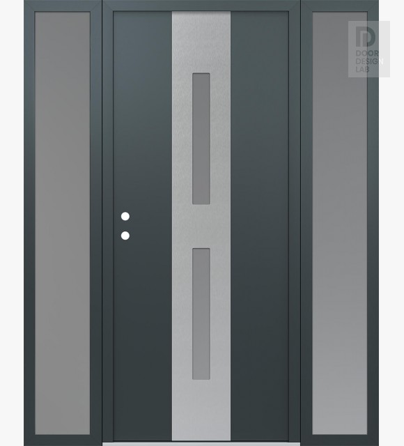 Modern Steel Front Door DIAMOND A6 68" X 80" ANTHRACITE/ANTHRACITE FROSTED GLASS PANEL STAINLESS STEEL RHI WITH 2 SIDELITES FROSTED GLASS