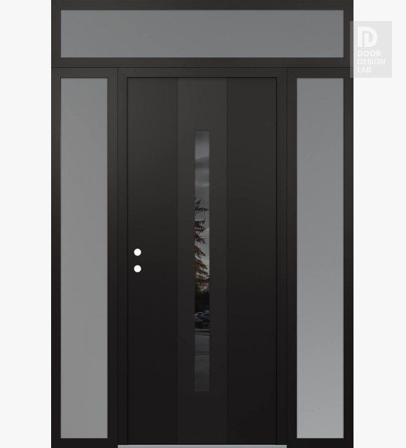 Modern Steel Front Door DIAMOND A2 64" X 96" BLACK/BLACK MIRRORED GLASS PANEL BLACK RHI WITH 2 SIDELITES AND TRANSOM FROSTED GLASS