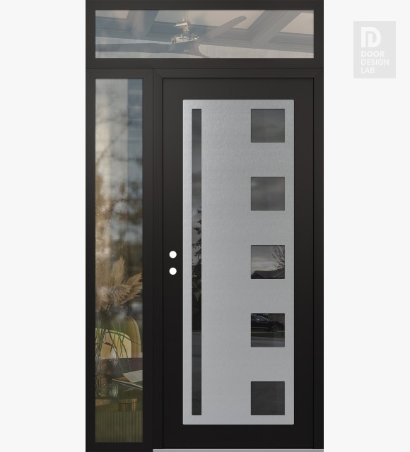 Modern Steel Front Door Diamond C3 50" x 96" black/black mirrored Glass Panel stainless steel RHI with Sidelite and Transom clear Glass