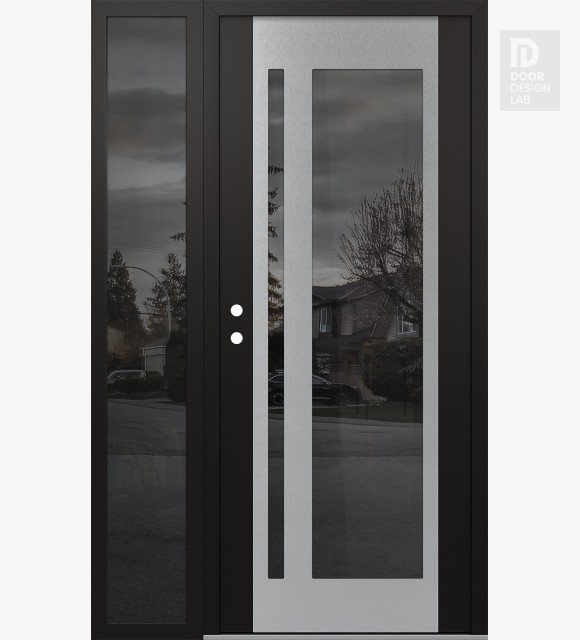 Modern Steel Front Door Diamond C15 50" x 80" black/black mirrored Glass Panel stainless steel RHI with Sidelite mirrored Glass