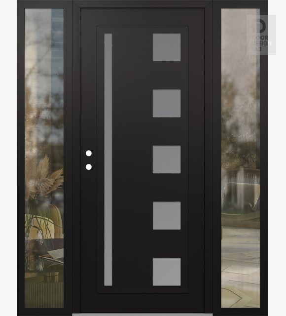 Modern Steel Front Door Diamond C3 68" x 80" black/white frosted Glass Panel black RHI with 2 Sidelites clear Glass