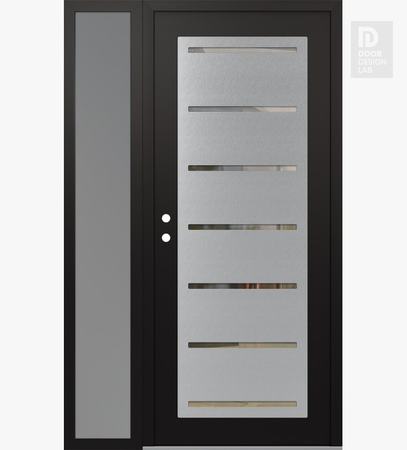 Modern Steel Front Door Diamond C11 48" x 80" black/black clear Glass Panel stainless steel RHI with Sidelite frosted Glass