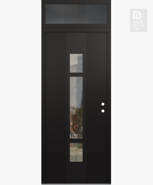 Modern Steel Front Door DIAMOND A9 36" X 96" BLACK/BLACK CLEAR GLASS PANEL BLACK LHI WITH TRANSOM MIRRORED GLASS