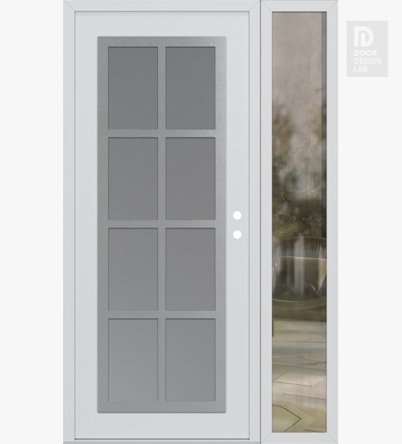 Modern Steel Front Door Diamond C16 48" x 80" white/white frosted Glass Panel stainless steel LHI with Sidelite clear Glass