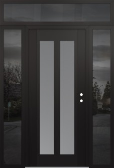 Diamond C14 64" x 96" black/white frosted Glass Panel black LHI with 2 Sidelites and Transom mirrored Glass