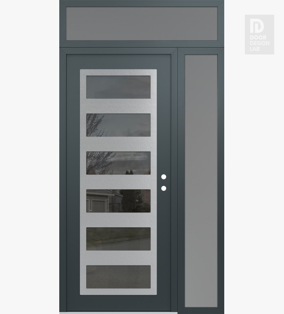 Modern Steel Front Door Diamond C9 48" x 96" anthracite/anthracite mirrored Glass Panel stainless steel LHI with Sidelite and Transom frosted Glass