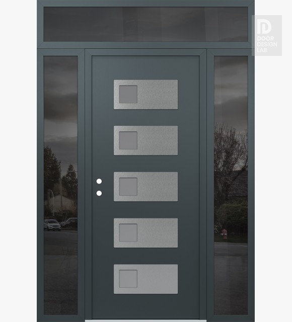 Modern Steel Front Door Diamond D2 64" x 96" anthracite/anthracite frosted Glass Panel stainless steel RHI with 2 Sidelites and Transom mirrored Glass