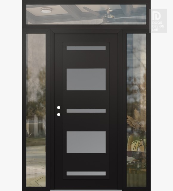 Modern Steel Front Door Diamond C10 68" x 96" black/white frosted Glass Panel black RHI with 2 Sidelites and Transom clear Glass