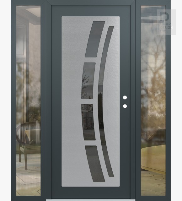 Modern Steel Front Door Diamond C12 64" x 80" anthracite/anthracite mirrored Glass Panel stainless steel LHI with 2 Sidelites clear Glass