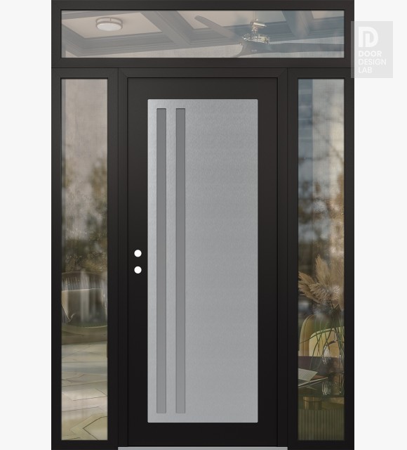 Modern Steel Front Door Diamond C6 68" x 96" black/white frosted Glass Panel stainless steel RHI with 2 Sidelites and Transom clear Glass