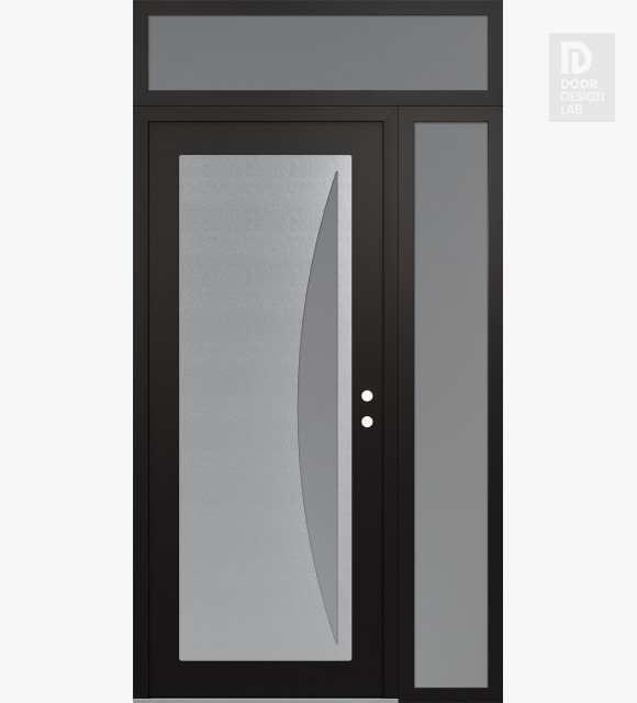 Modern Steel Front Door Diamond C13 50" x 96" black/white frosted Glass Panel stainless steel LHI with Sidelite and Transom frosted Glass