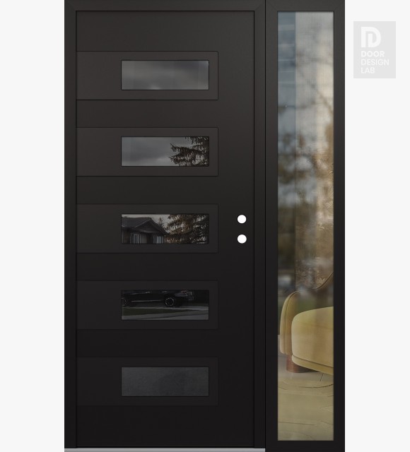 Modern Steel Front Door Diamond D3 52" x 80" black/black mirrored Glass Panel black LHI with Sidelite clear Glass