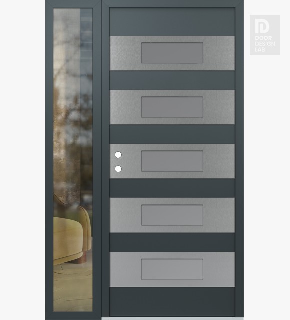 Modern Steel Front Door Diamond D5 50" x 80" anthracite/anthracite frosted Glass Panel stainless steel RHI with Sidelite clear Glass