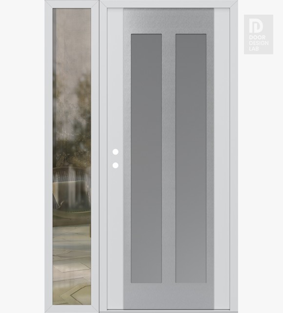 Modern Steel Front Door Diamond C14 50" x 80" white/white frosted Glass Panel stainless steel RHI with Sidelite clear Glass