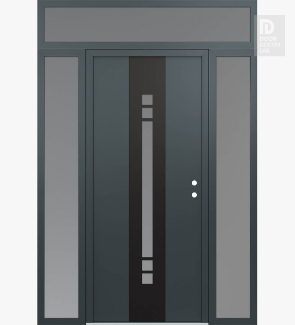 Modern Steel Front Door DIAMOND A4 64" X 96" ANTHRACITE/ANTHRACITE FROSTED GLASS PANEL BLACK LHI WITH 2 SIDELITES AND TRANSOM FROSTED GLASS
